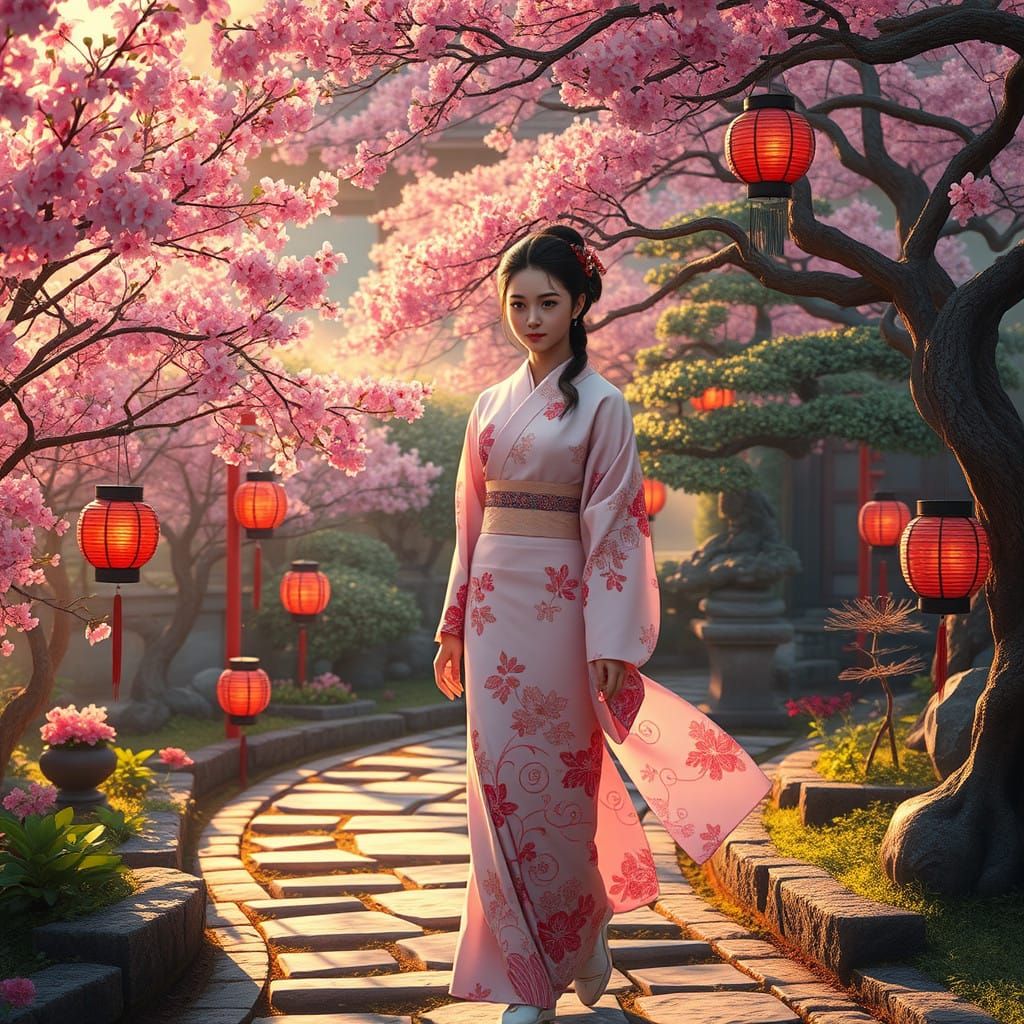 Surreal Japanese Garden Scene with a Beautiful Kimono-clad G...