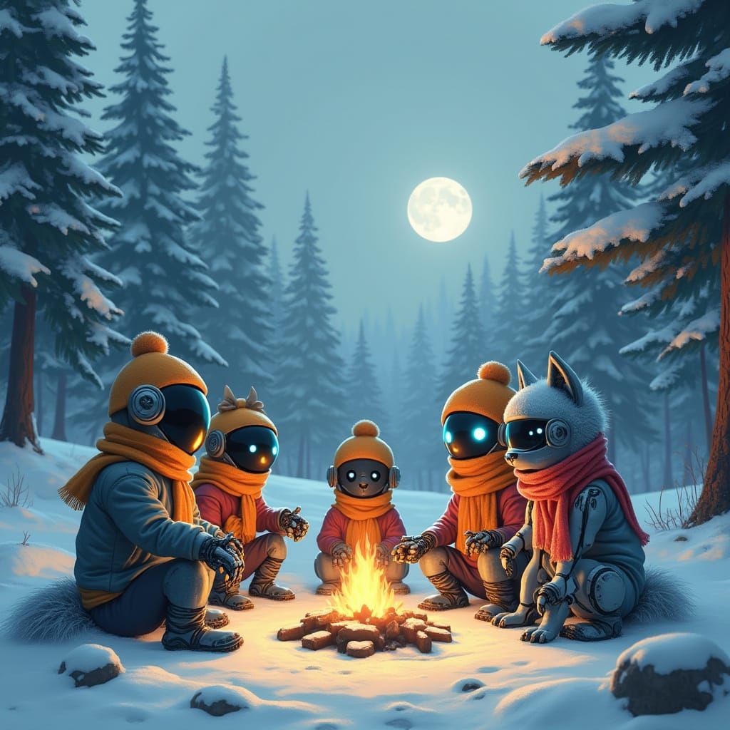 Winter Robot Gathering in Snowy Wonderland