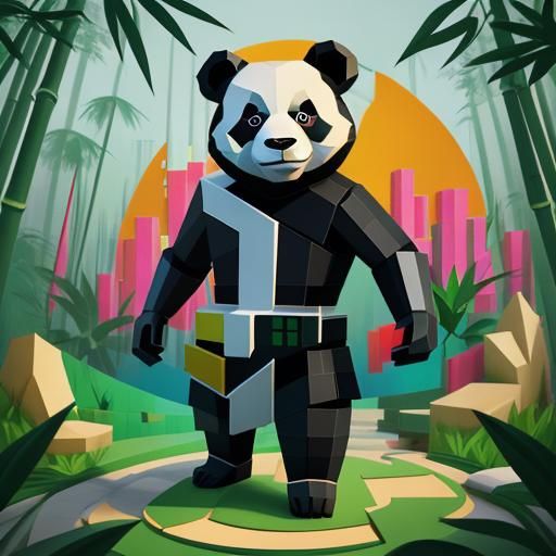 Panda in Bamboo Garden: Cubist Art Deco Painting