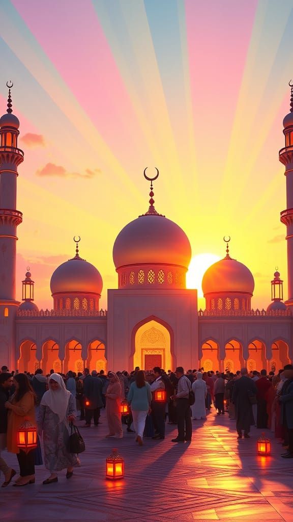 Ramadan Mosque Gathering in Vibrant Pastel Hues