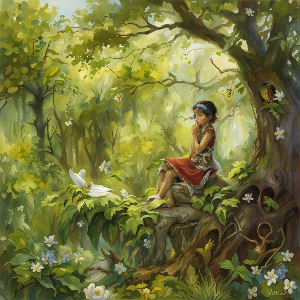 Girl in Forest Clearing, Golden Age Illustration