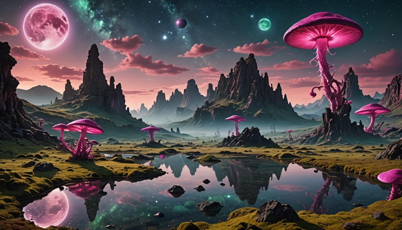 Alien Planet with Bioluminescent Mushrooms and Misty Sky