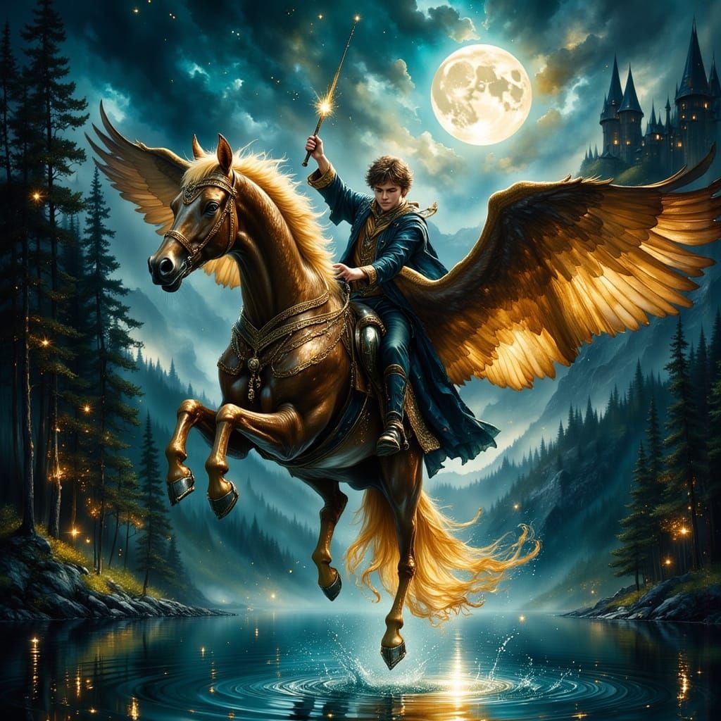 Harry Potter Rides Hippogriff Over Hogwarts Lake at Midnight