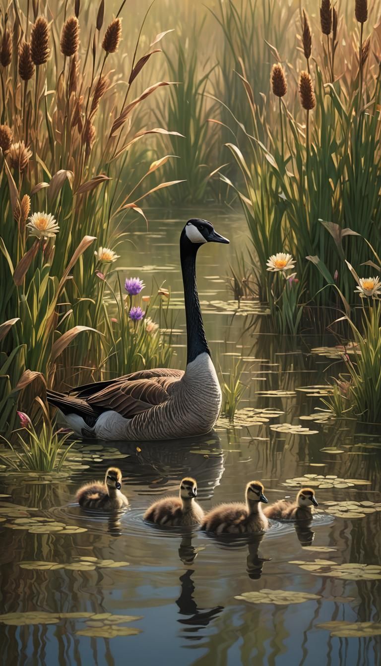 Canadian Goose and Goslings in Pond, Digital Painting