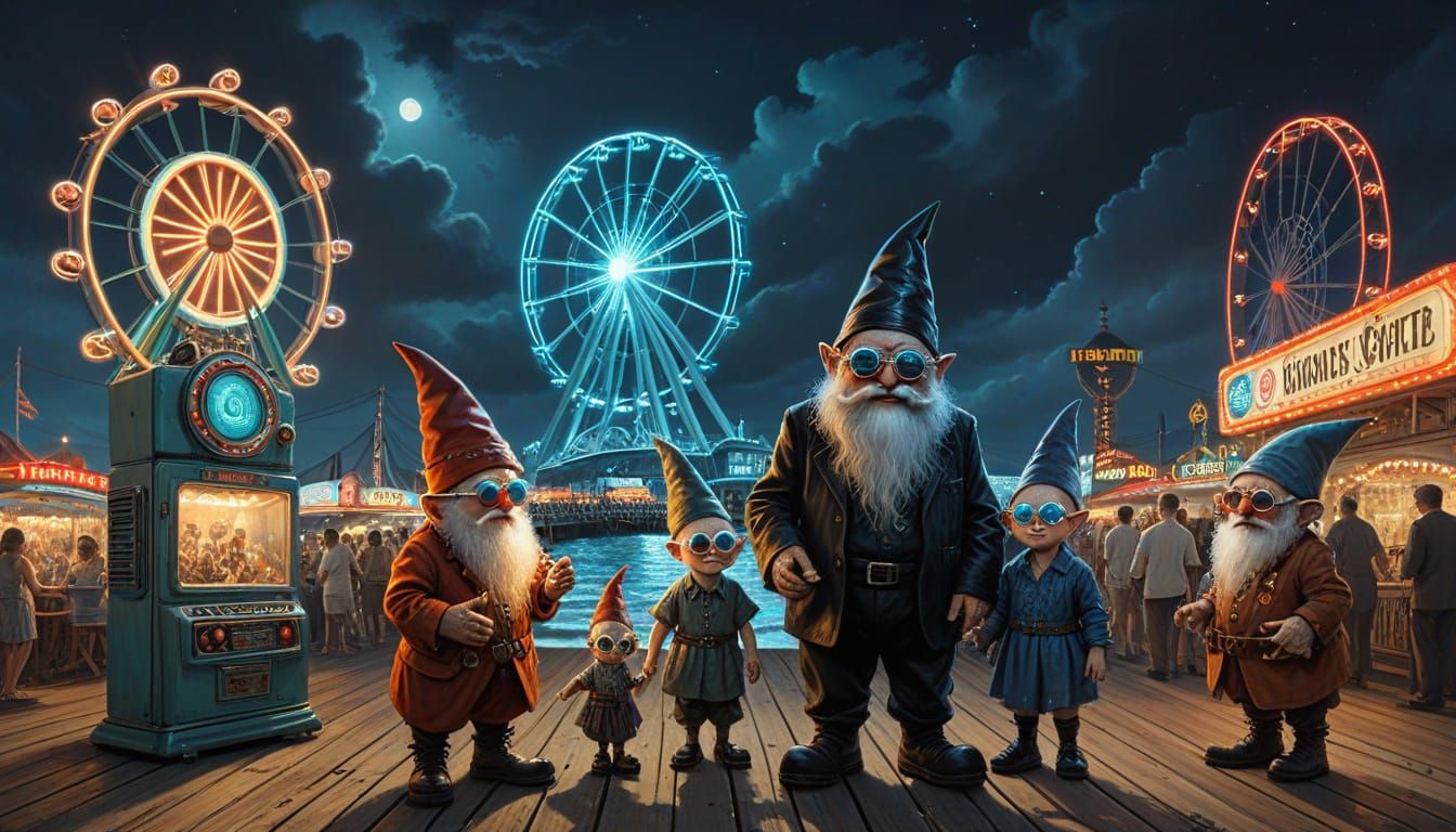 Gnome Family on Boardwalk: Rockwell and Giger Style