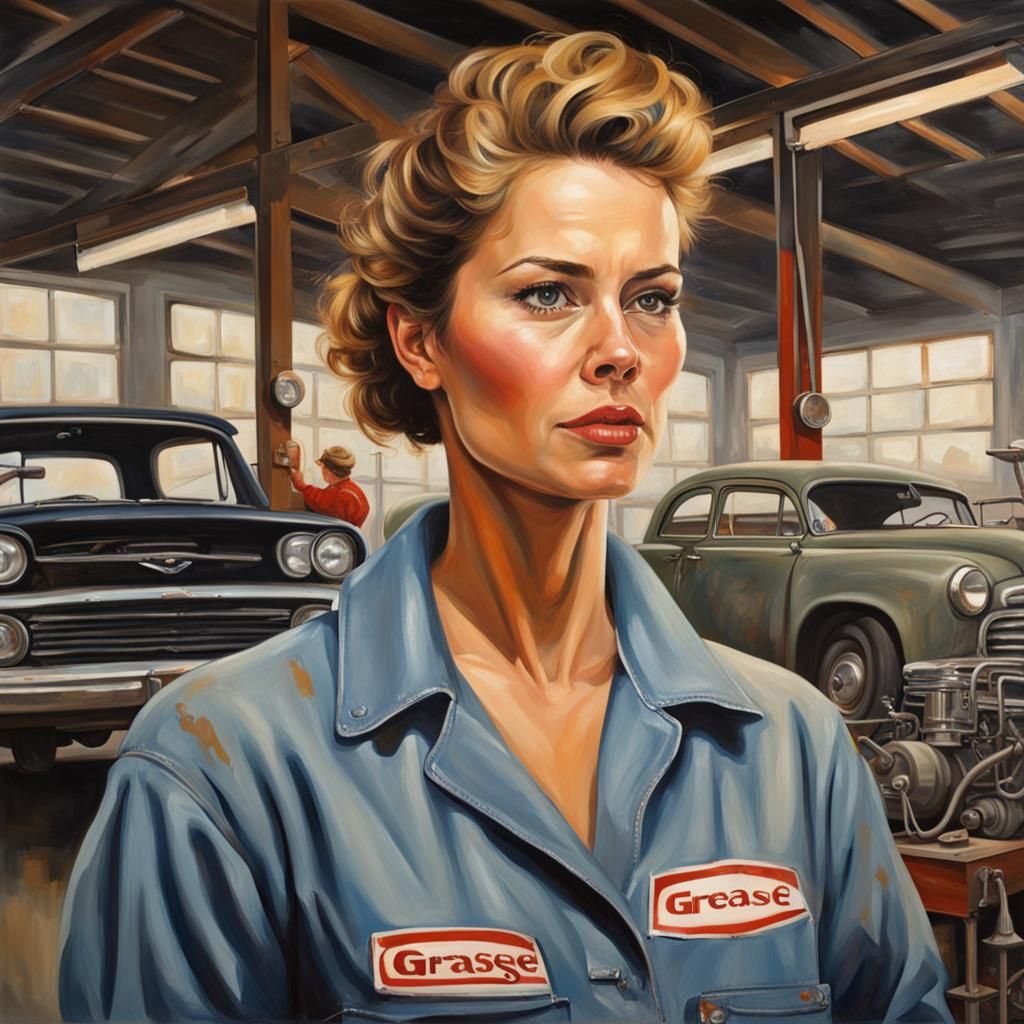 Woman Mechanic in Garage Painting