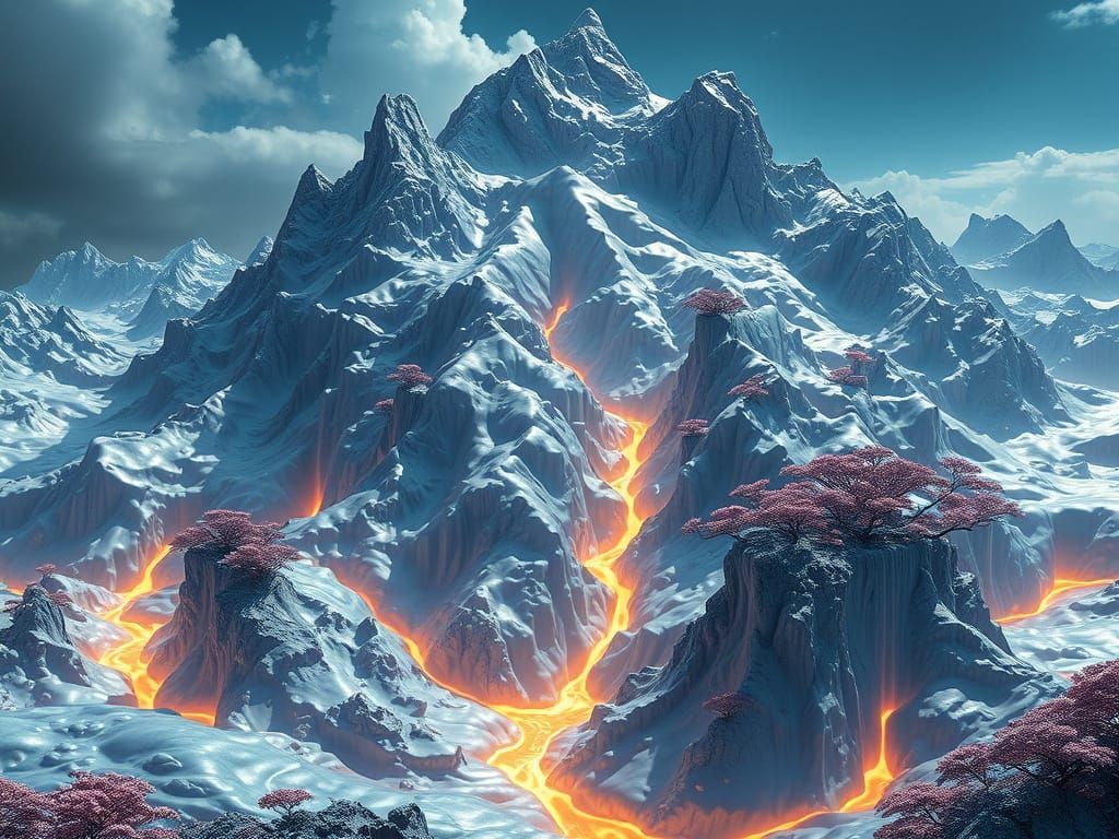 Surreal Liquid Mercury Mountainscape with Alien Flora