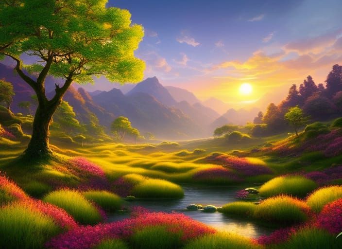 Clover Field Sunrise: Detailed Matte Painting Landscape