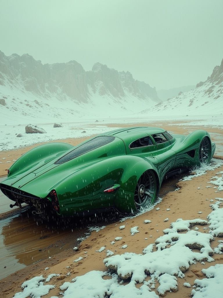 Emerald Futuristic Concept Car in Desert Blizzard