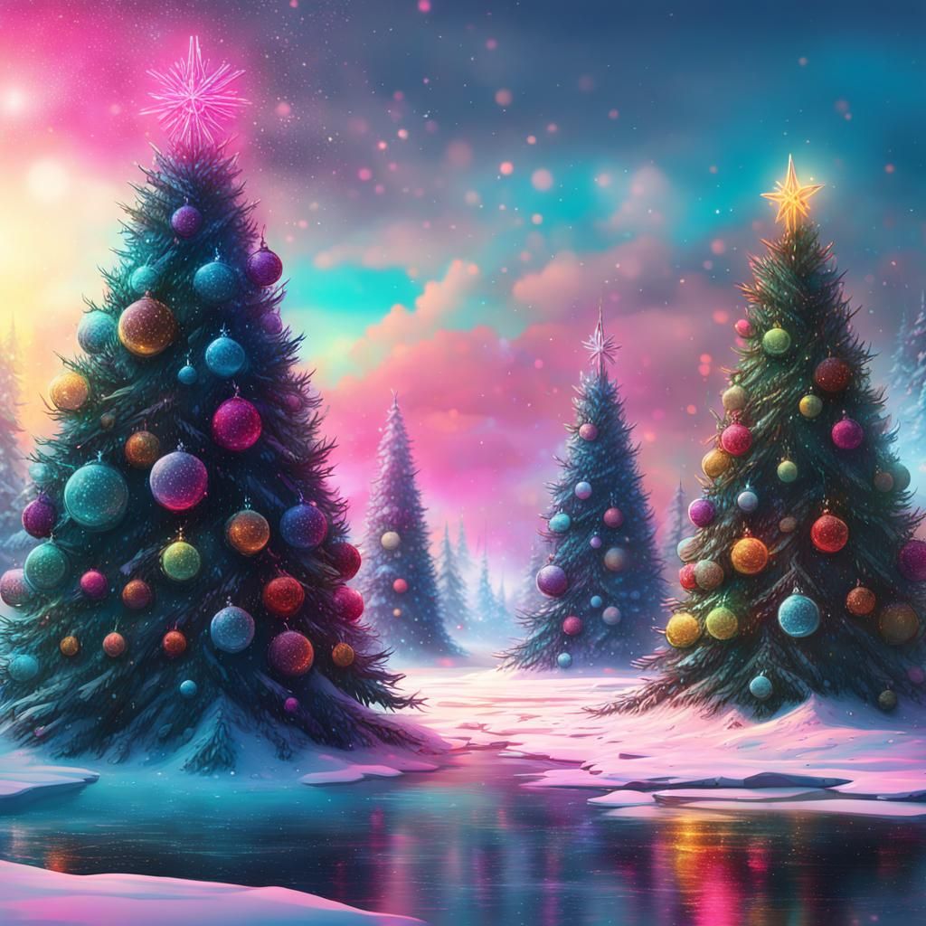 Cyberpunk Christmas Trees in the Snow: Hyperrealistic Art