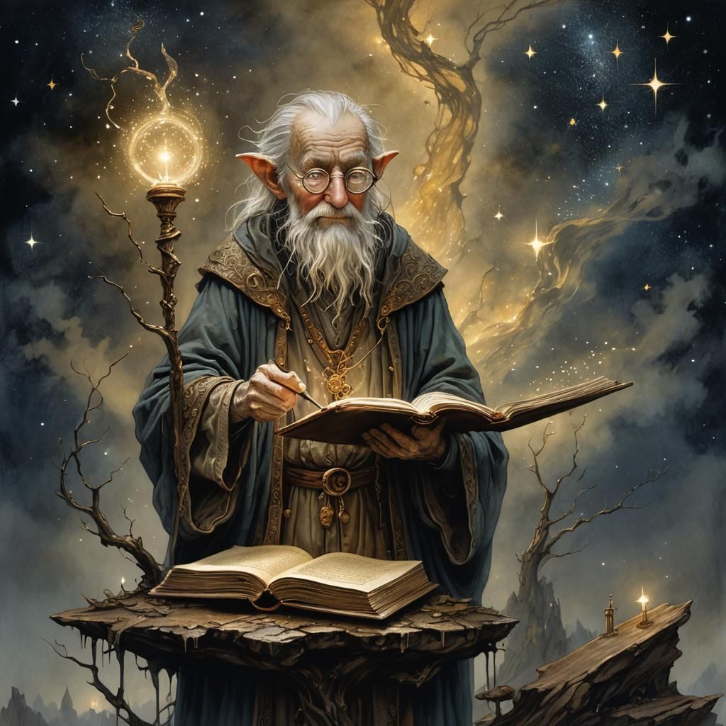 Mystical Author with Glowing Pen: Fantasy Illustration