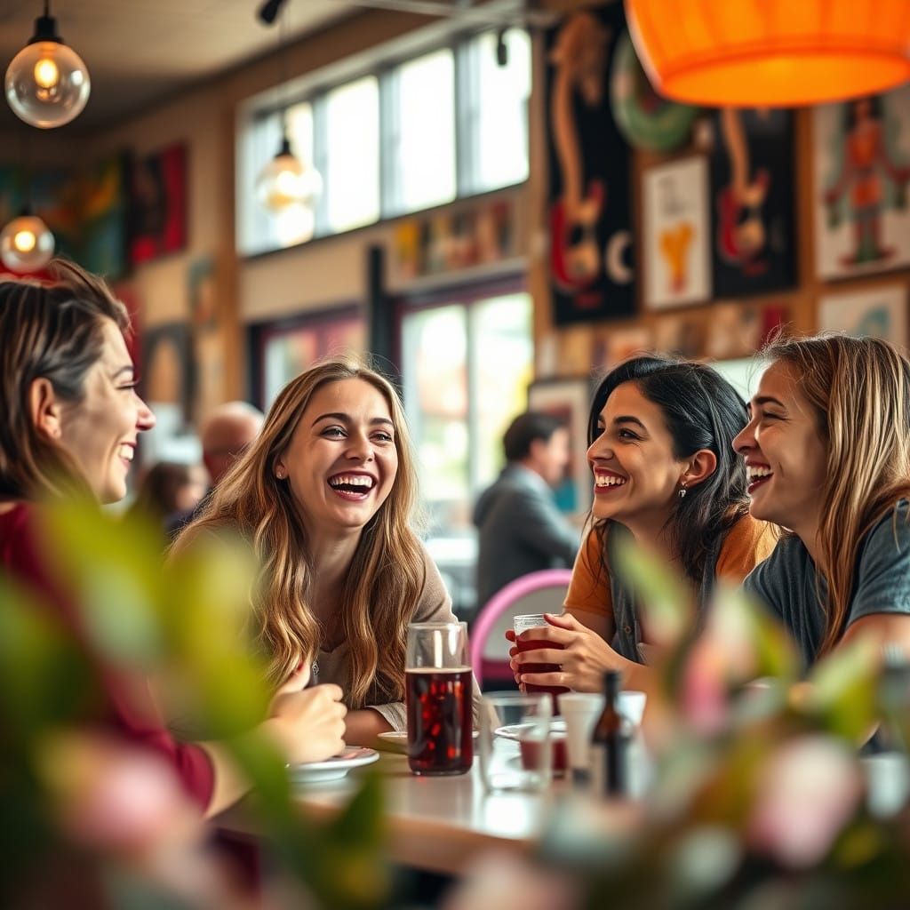 Friends Laugh and Chat in Vibrant Art Cafe