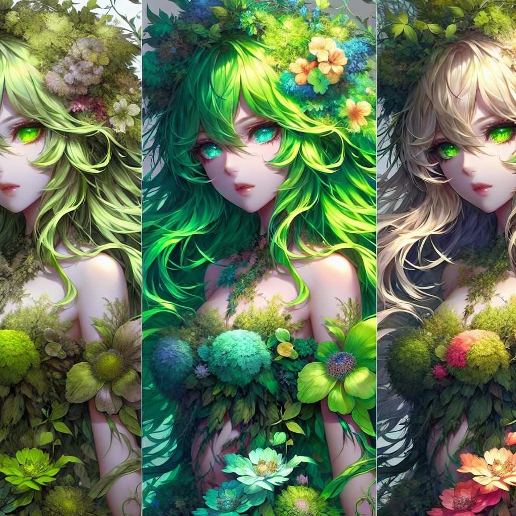 Anime Dryad Stares at Seasonal Flowers