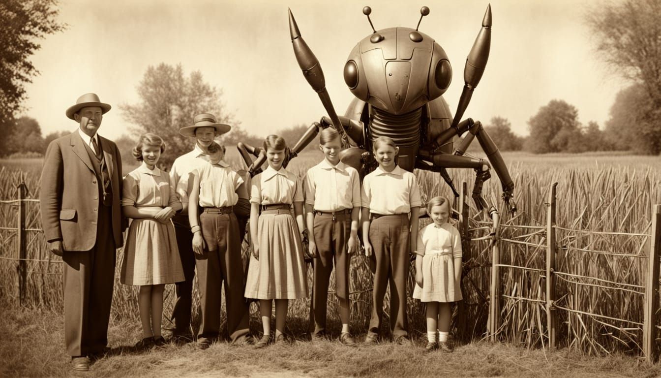 Folkloric Robots Family with Giant Insect and Geese in Vinta...
