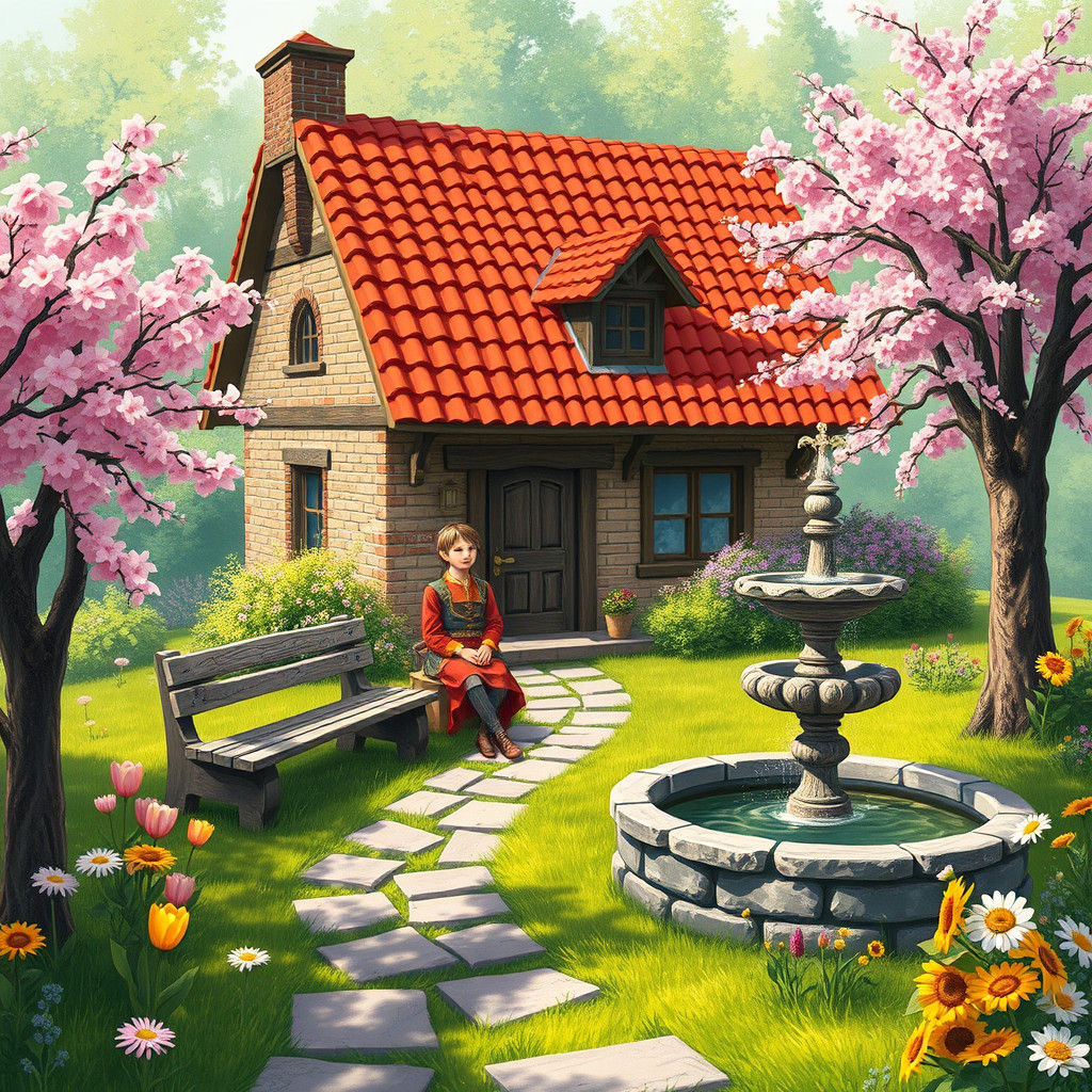 Enchanting Cottage Garden with Medieval Figures