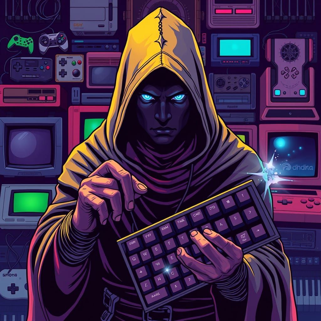 Dark Magic Wizard with Glowing Blue Eyes and Magical Keyboar...