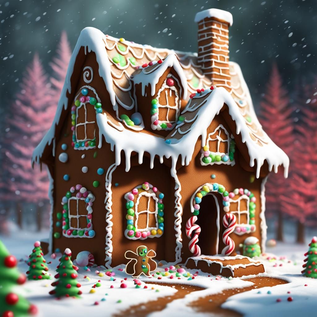 Gingerbread house being eaten by carpenter ants one bite at a time textured messy speed paint, fun attractive background...