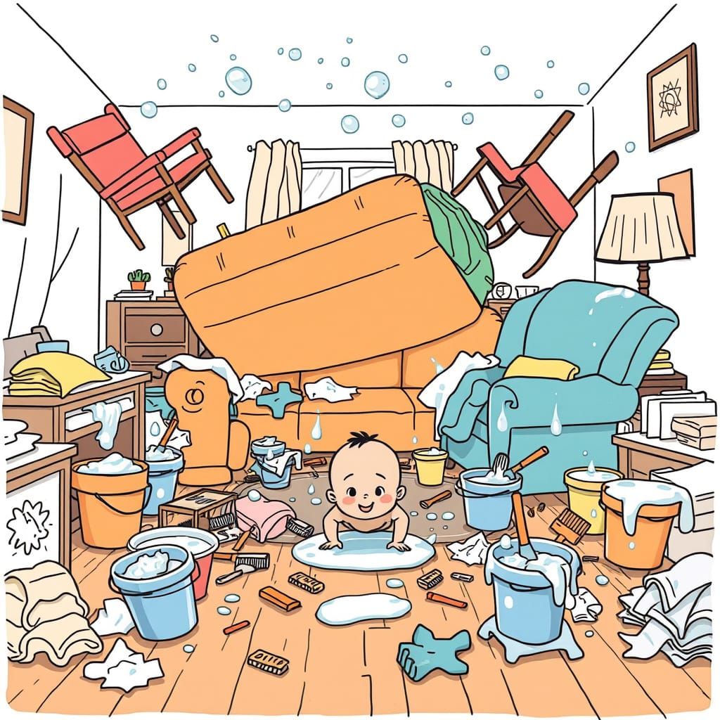 Exaggerated Passover Cleaning Chaos in Playful Comic Style