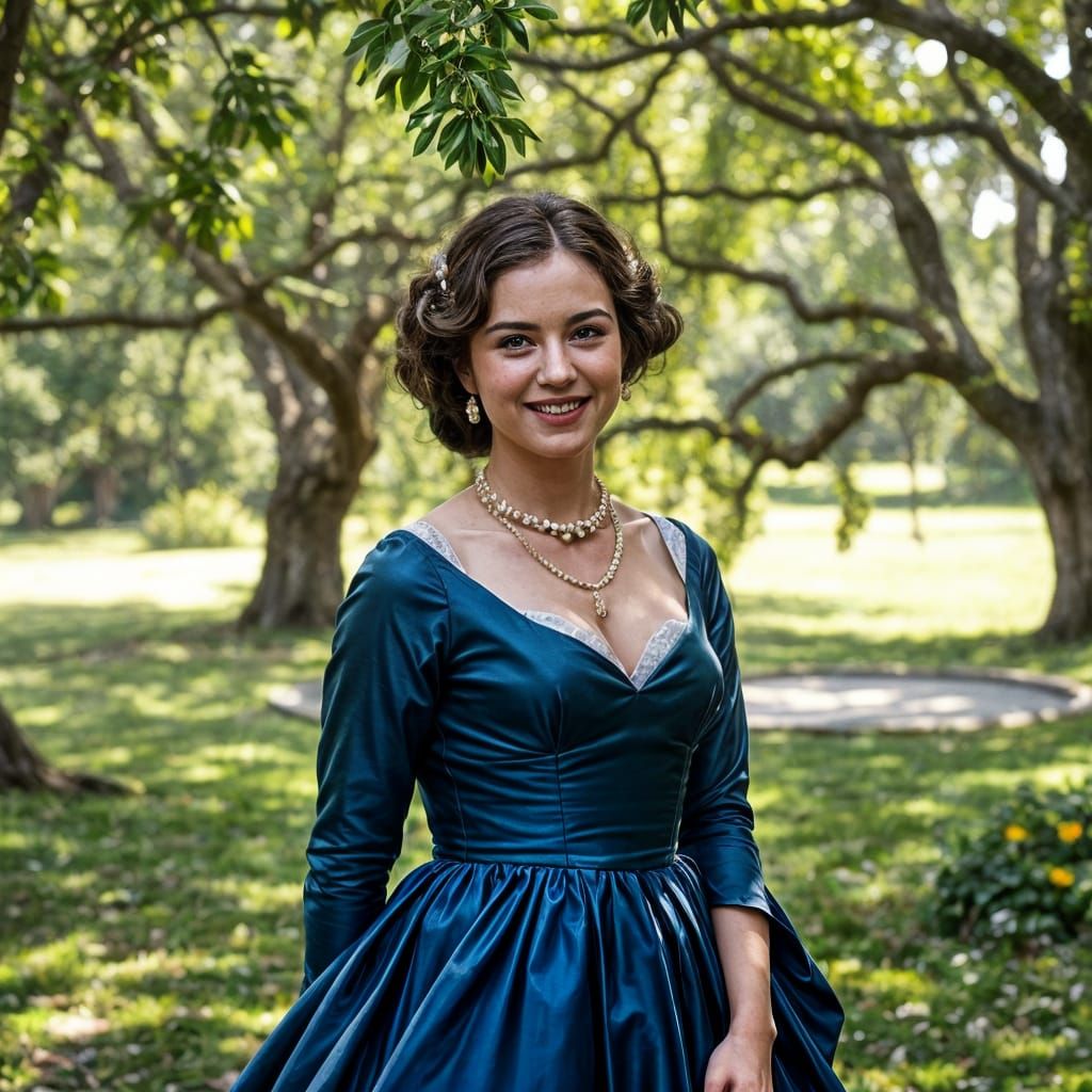 Regal and Smiling Elizabeth Darcy in Blue Velvet and Pearls,...