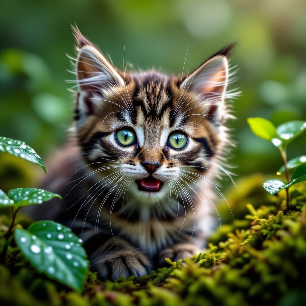 Kitten with Sparkling Eyes in Detailed Forest Setting