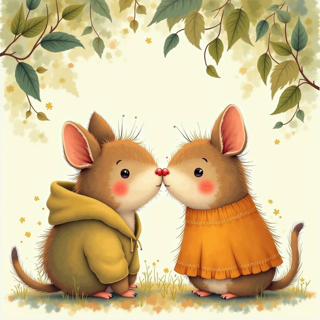 Mice Kissing Illustration in Beatrix Potter Style