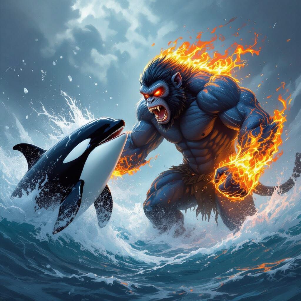 Buff Blue Monkey Battles Ice Orca in Fiery Duel