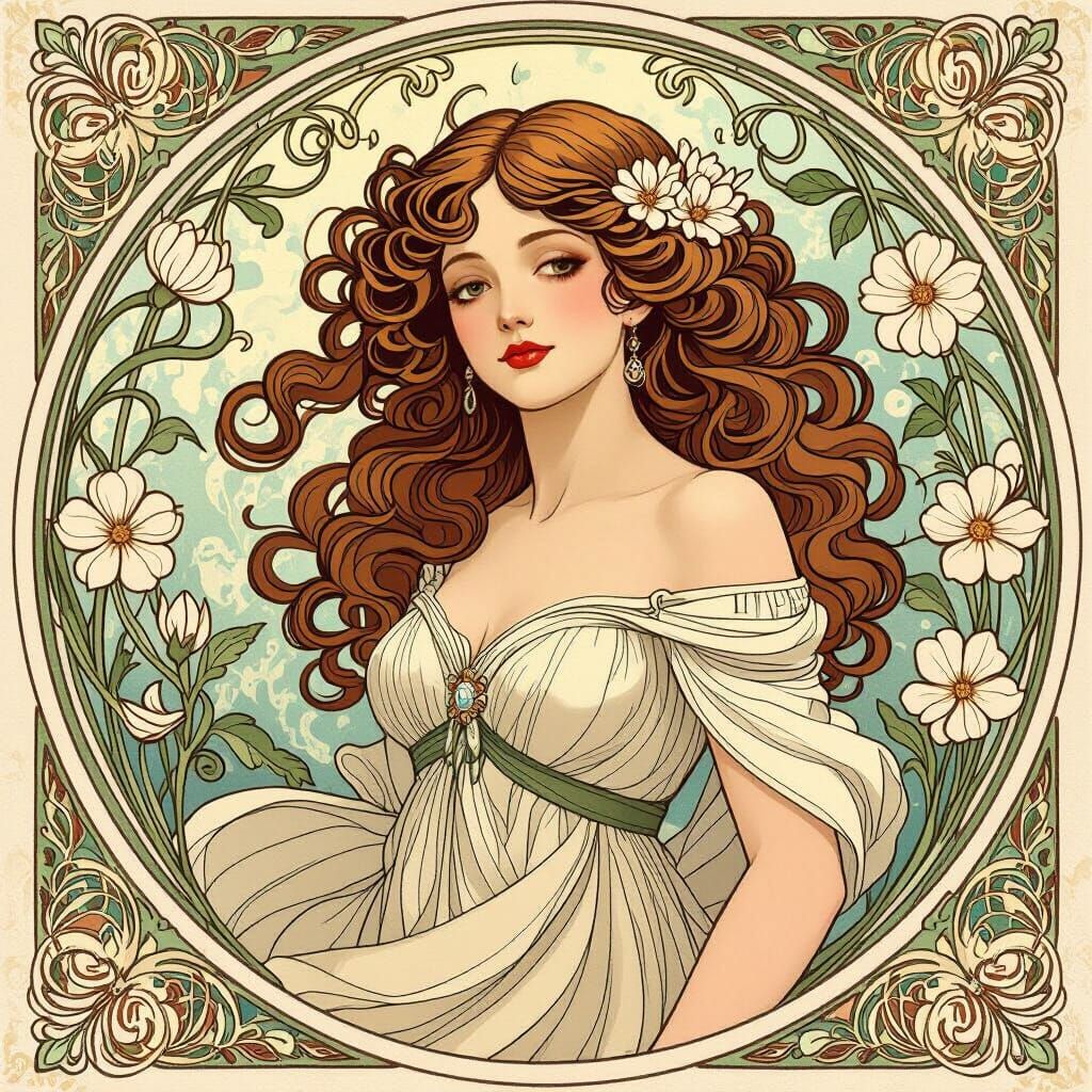 Art Nouveau Woman with Flowing Hair and Florals