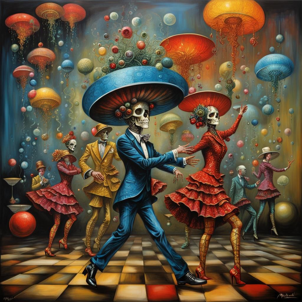 Fractal Myconid Disco Dance in Alcohol Ink Style