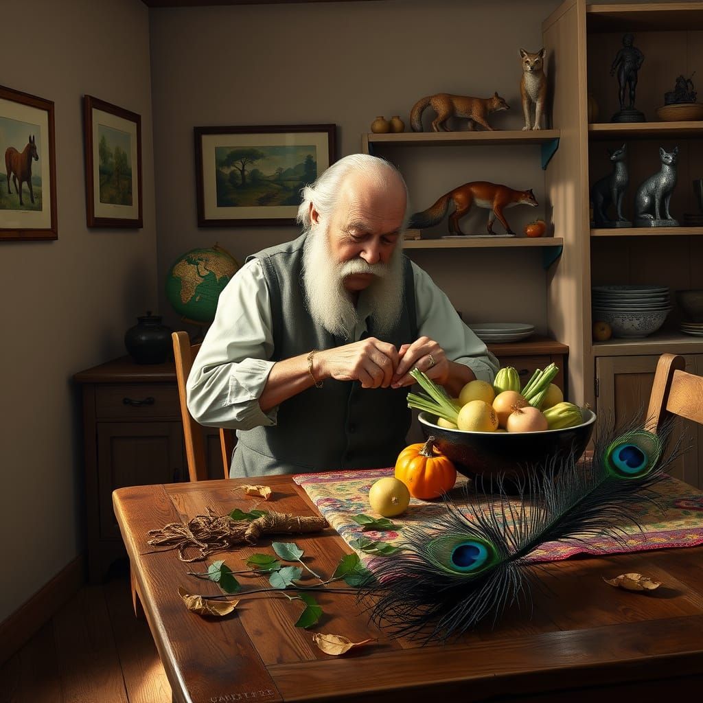 Elderly Man Peels Onion in Cozy, Warmly Lit Interior