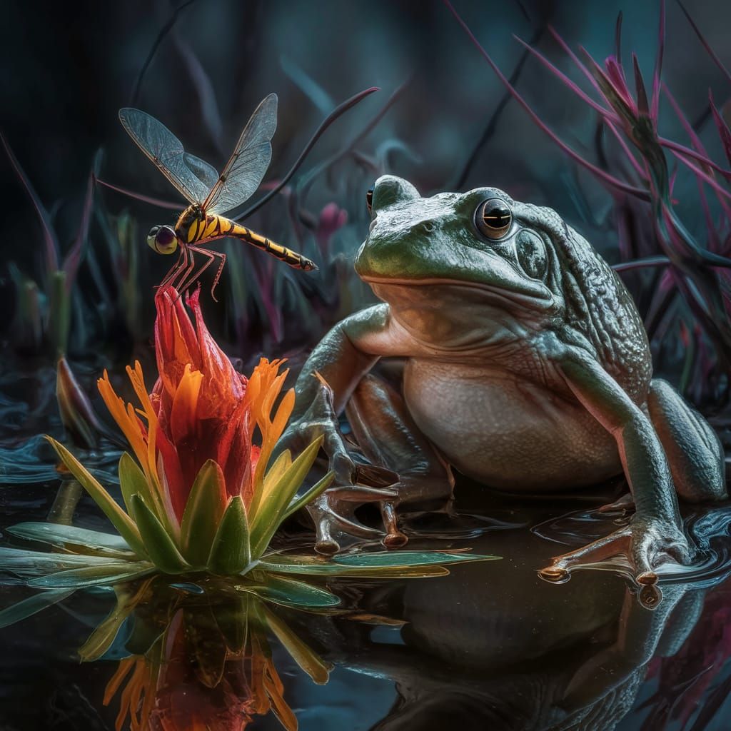 Hyperrealistic Bullfrog Captures Dragonfly in Marsh