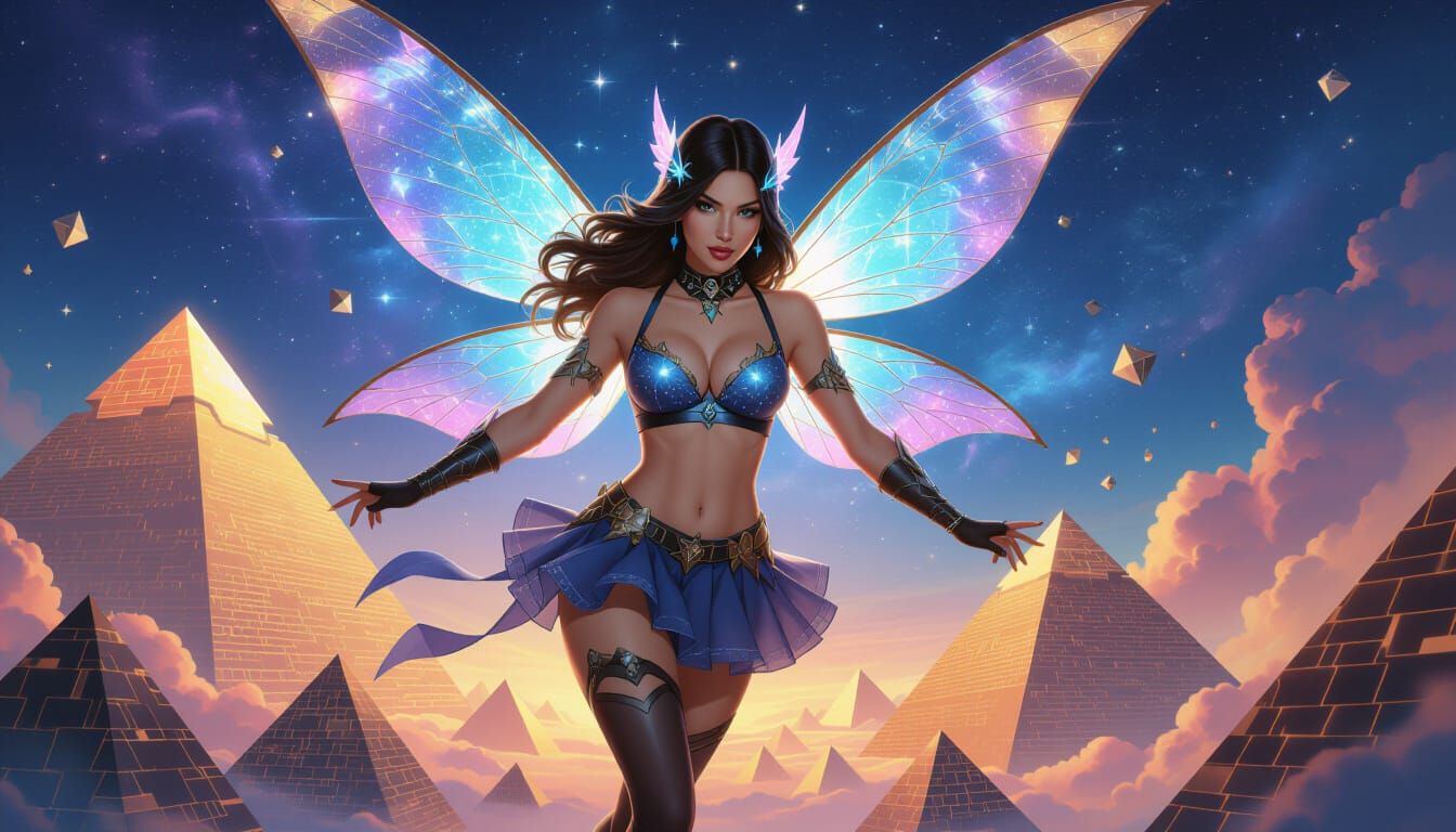 Fairy Assassin Soaring Through Holographic Galaxy