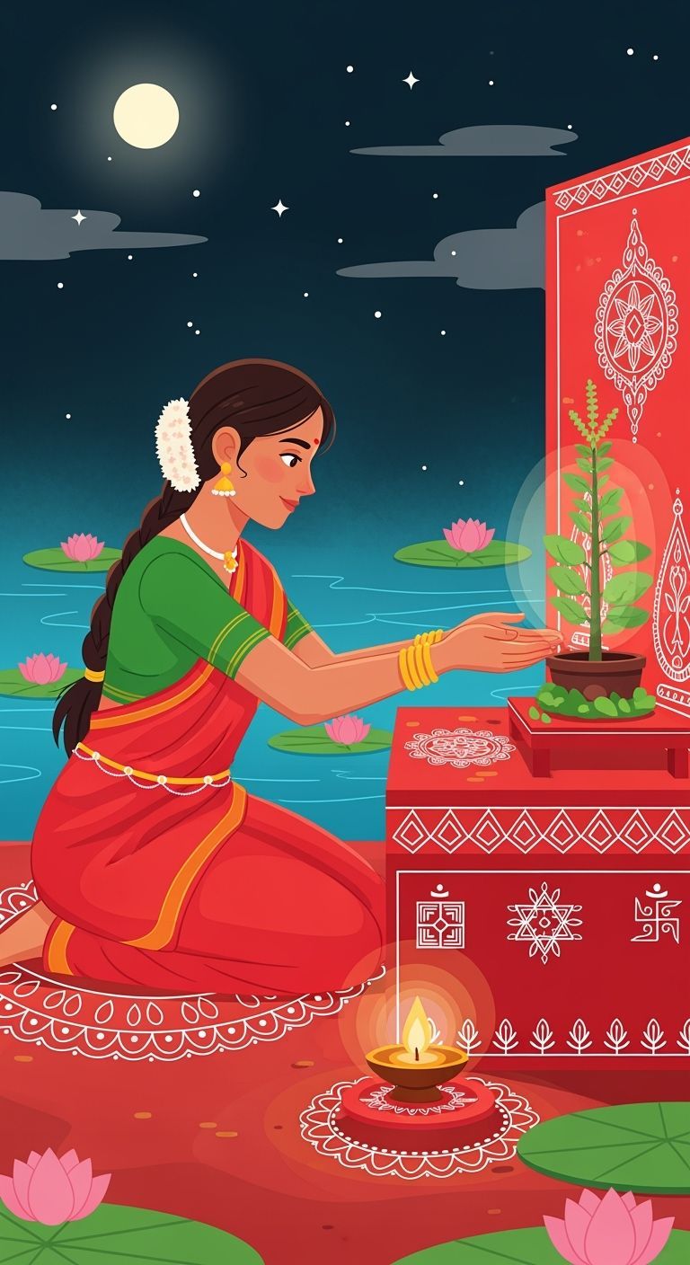 South Asian Woman Performing Tulsi Vivah Ceremony