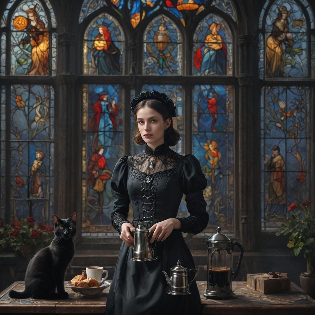 Gothic Woman with Coffee Press and Black Cat