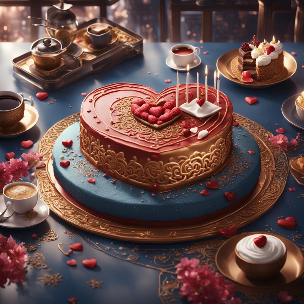 Oriental Heart Cake in Modern Cafe: Digital Art