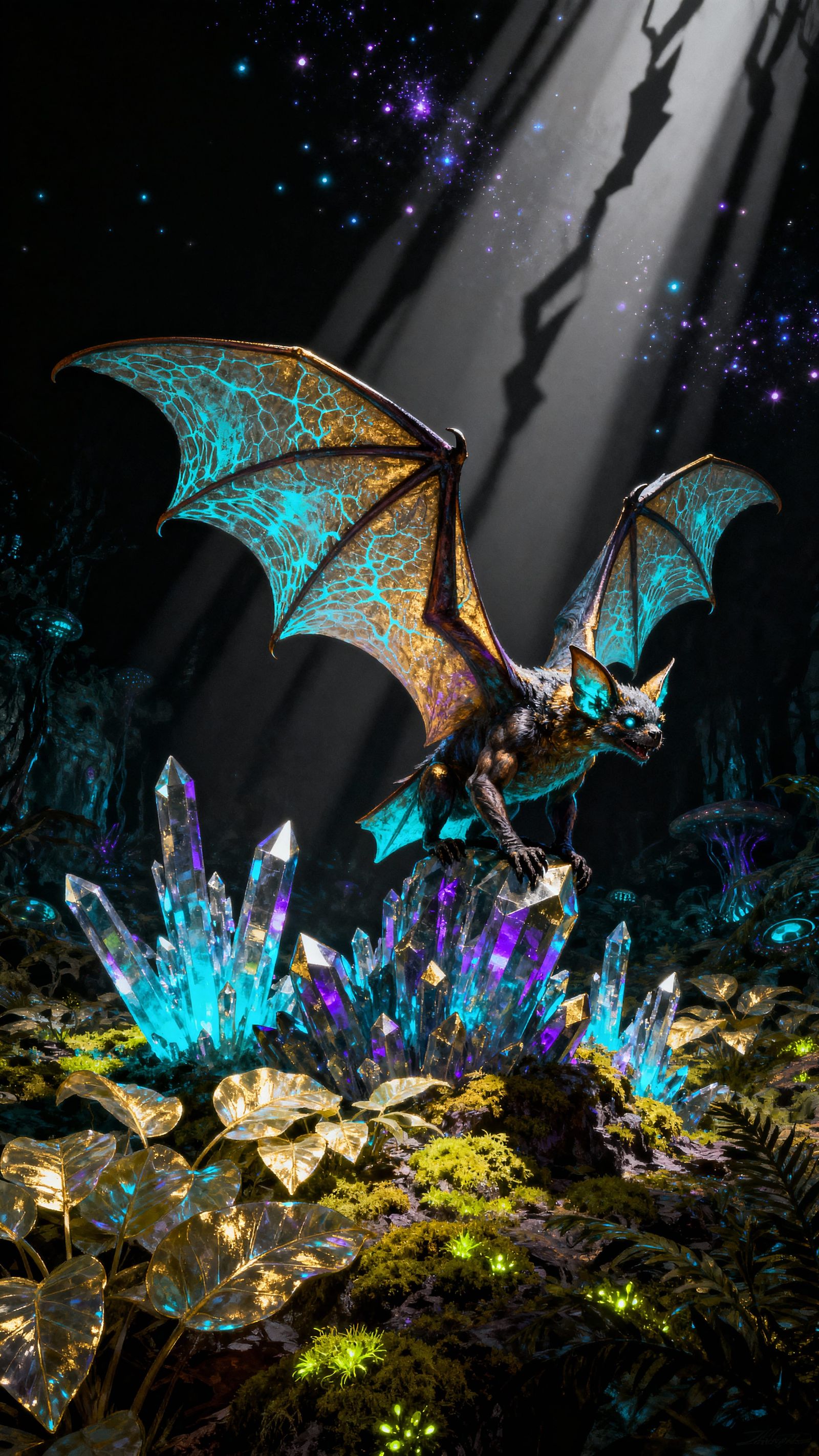 Bioluminescent Bat in Ethereal Alien Forest