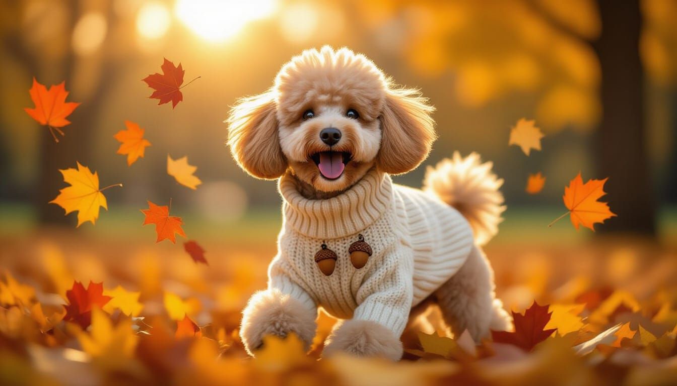 Poodle in Autumn Sweater Plays in Falling Leaves