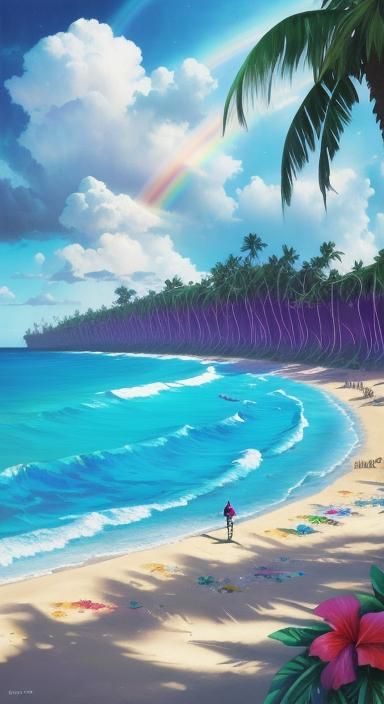 Tropical Beach Rainbow Under Thunderclouds Graffiti Art