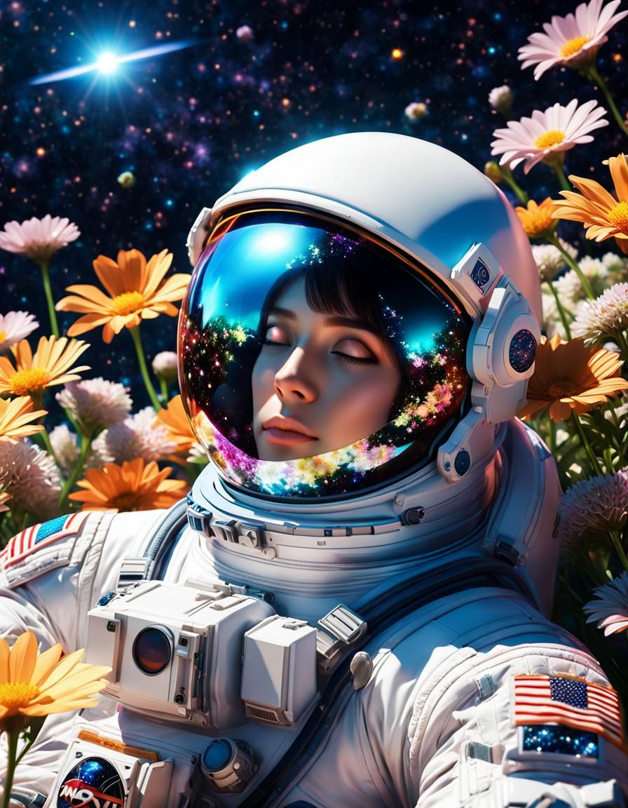 An astronaut lying in a garden of flowers. The universe is r...