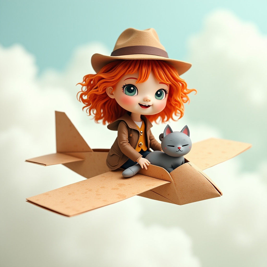 Girl Explorer Rides Origami Plane with Kitten