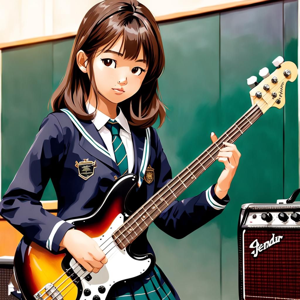 Asian Girl Plays Fender Bass in School Uniform