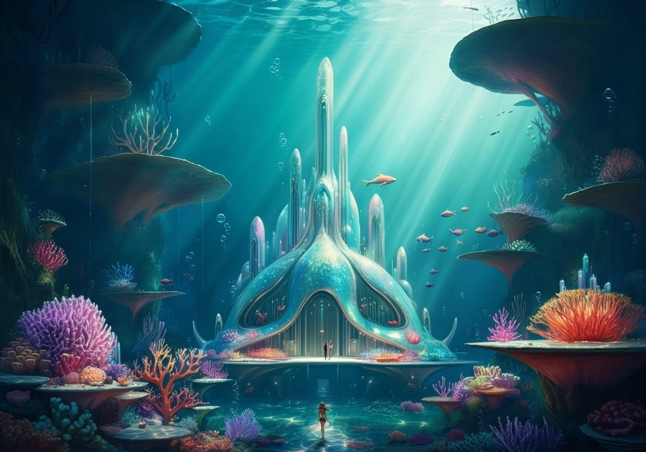 Luminous Coral Metropolis in Folk Art Style