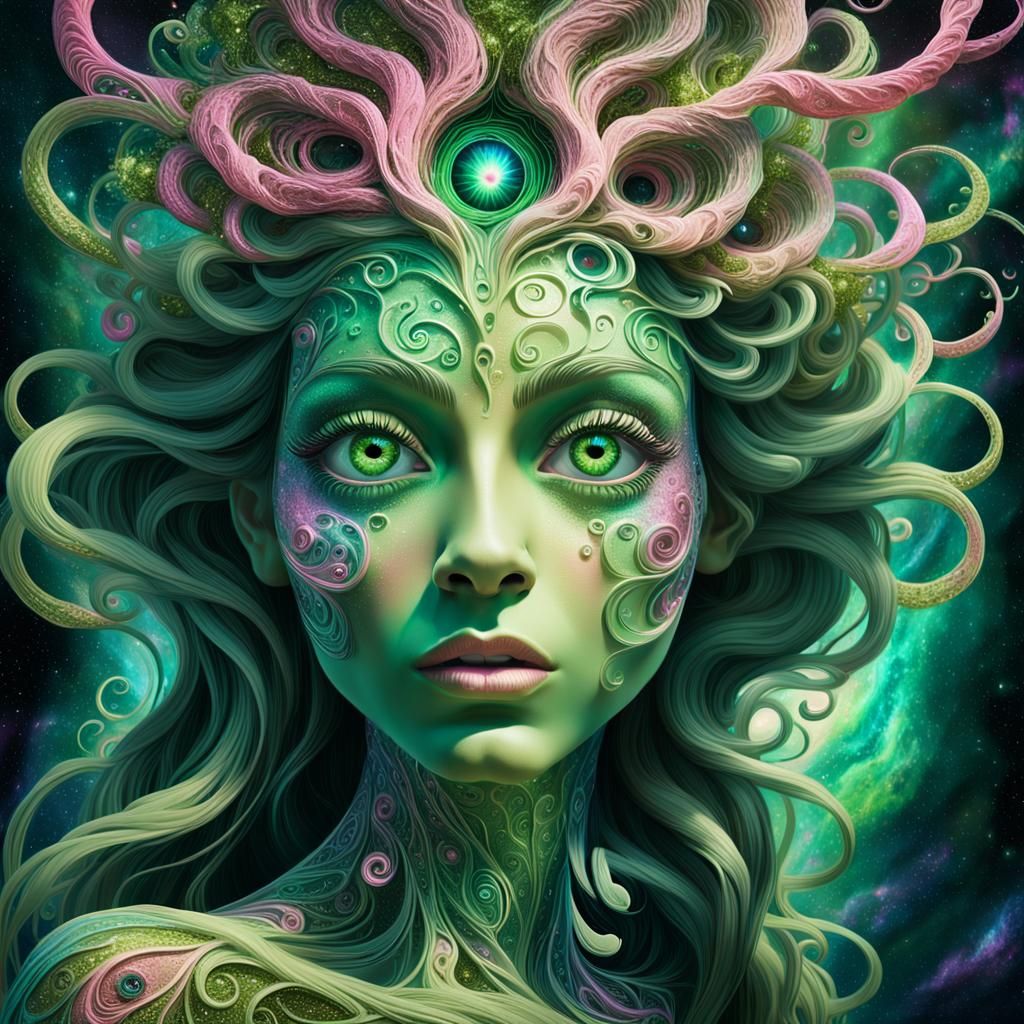 Whimsical Cosmic Goddess with Glittering Eyes