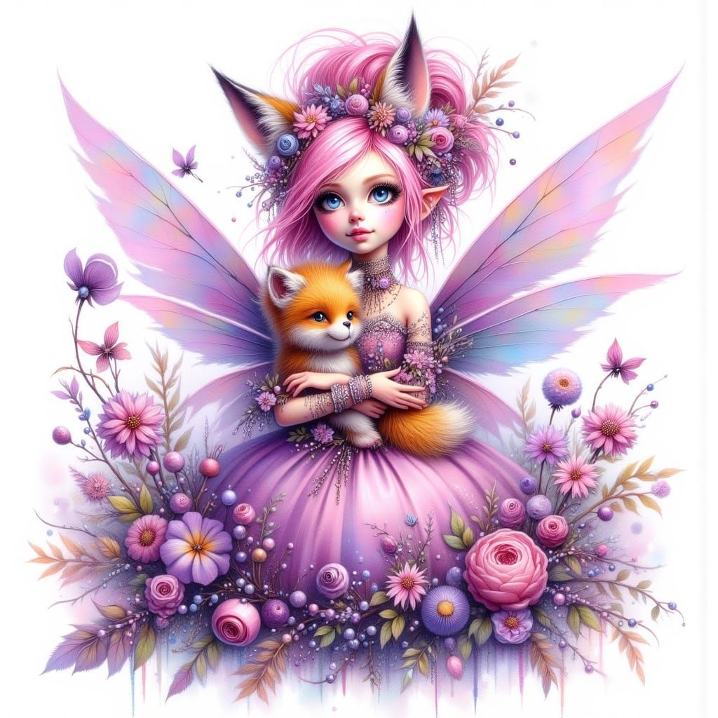 Innocent Dryad Woman with Fox Cub, Watercolor Style