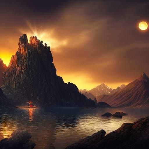 Golden Bird on Lake at Dawn: Digital Matte Painting