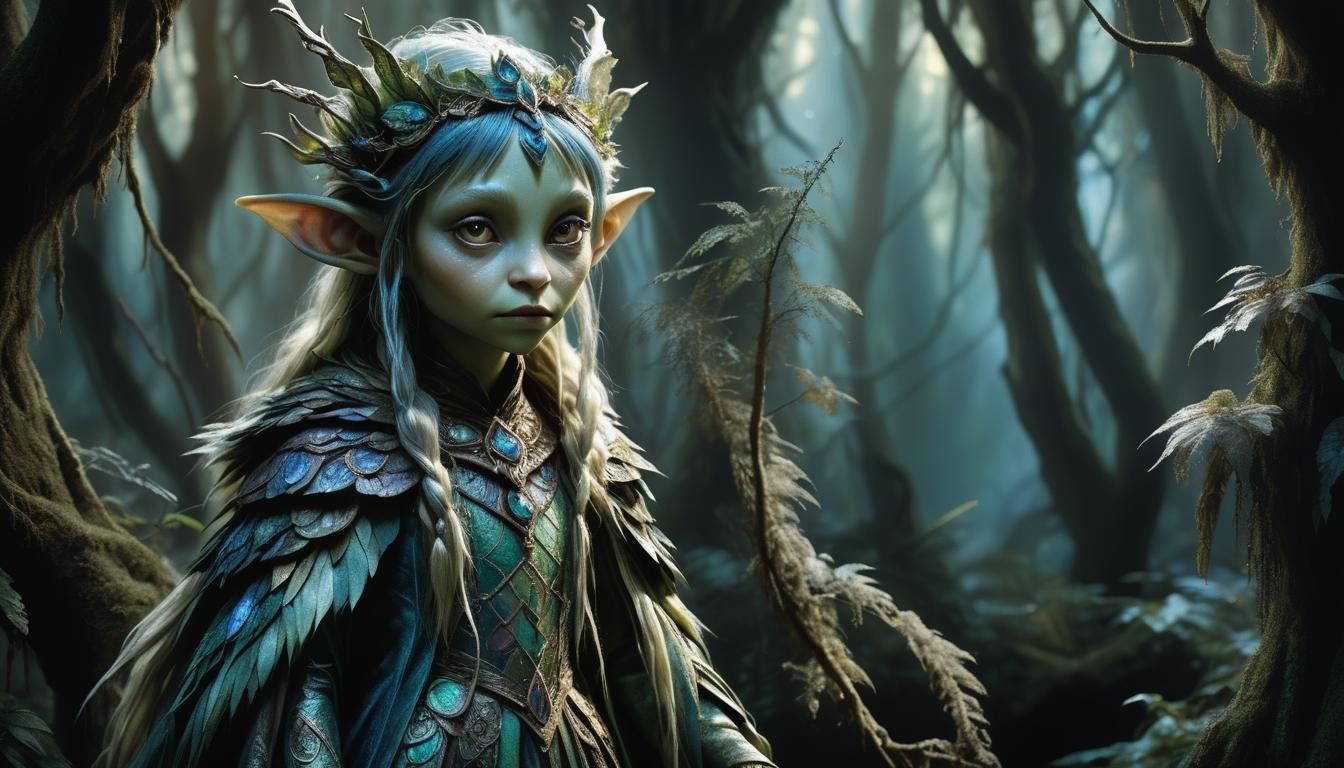 Gelfling Princess in Eerie Forest, Dark Fantasy Art