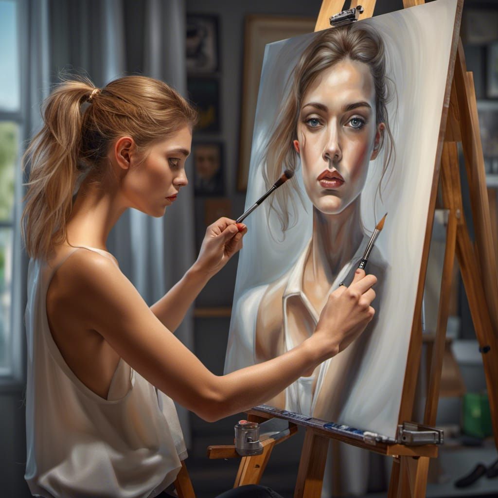 Girl Painting Self-Portrait: Photorealistic Masterpiece