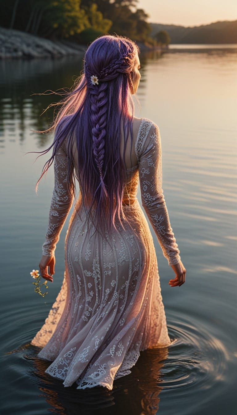 Woman with Purple Braids Walking on Water
