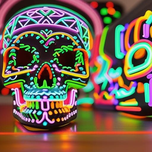 Neon Mexican Skull with Geometric Hieroglyphs