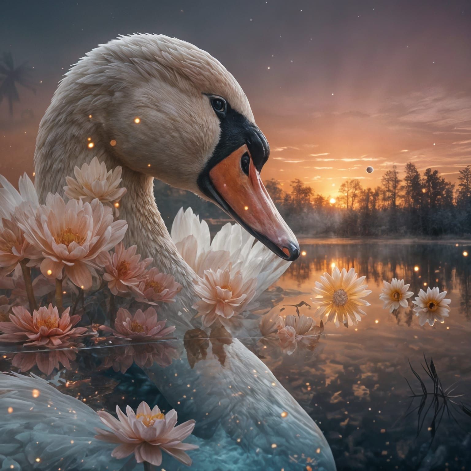 Swan Face with Pearl Flower Lakes in Double Exposure