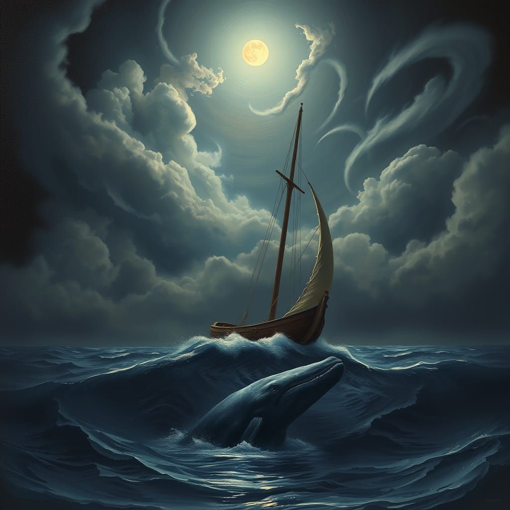 Dark and Moody Seascape with Sailboat and Whale